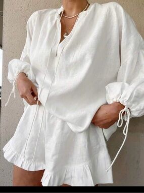 Women’s White Ruffle Hem Elastic Waist set